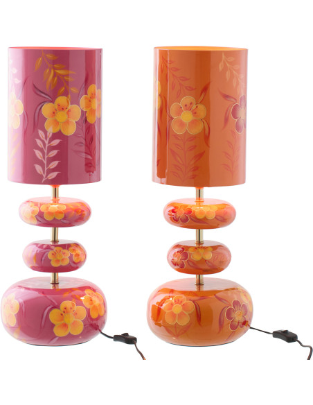 Lot de 2 Lampes à poser style seventies néo-folk H 59 cm Métal Orange Rose Laqué Motif fleurs Florezina 