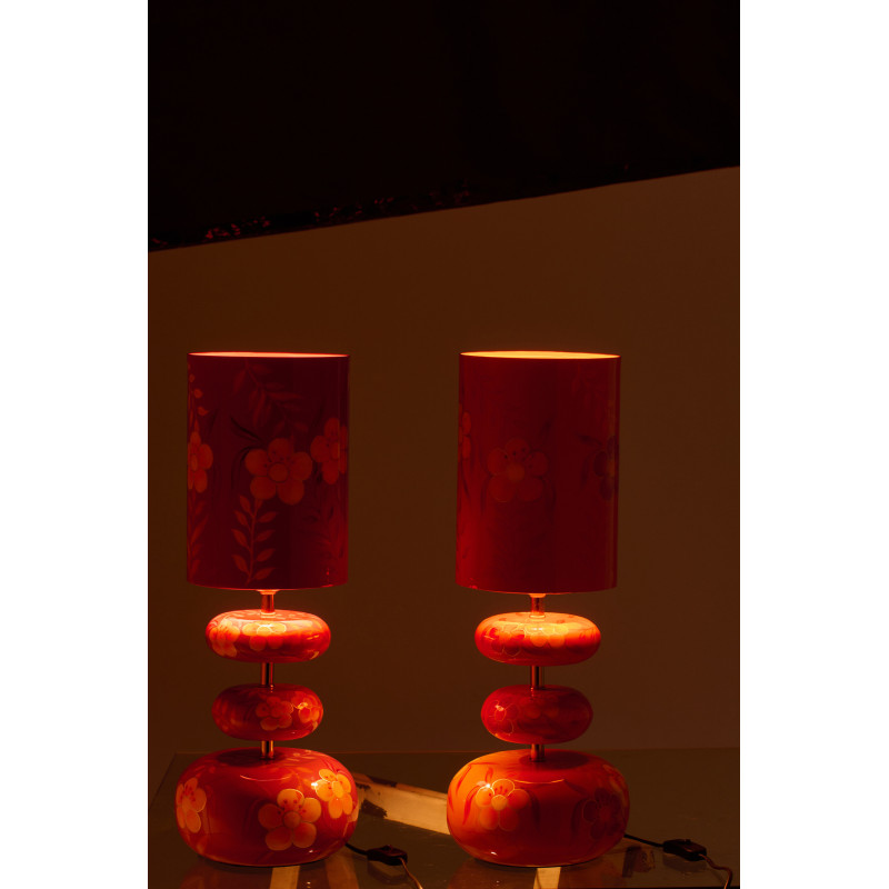 Lot de 2 Lampes à poser style seventies néo-folk H 59 cm Métal Orange Rose Laqué Motif fleurs Florezina 