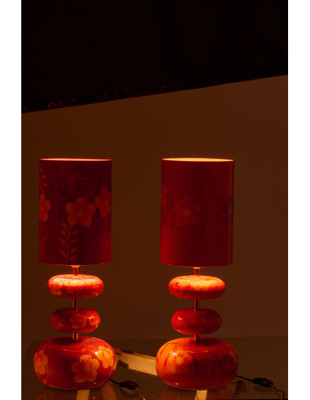 Lot de 2 Lampes à poser style seventies néo-folk H 59 cm Métal Orange Rose Laqué Motif fleurs Florezina 