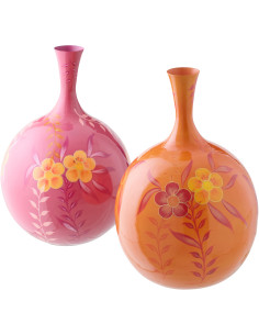 Lot de 2 Grands Vases style seventies néo-folk Bouteille H 46 cm Métal Orange Rose Laqué Motif fleurs Florezina 