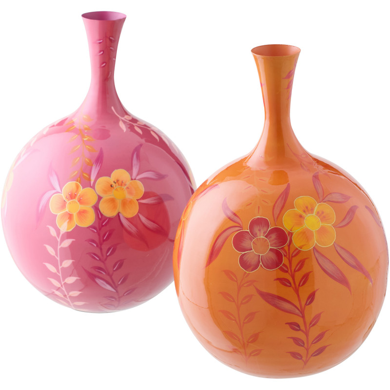 Lot de 2 Grands Vases style seventies néo-folk Bouteille H 46 cm Métal Orange Rose Laqué Motif fleurs Florezina 