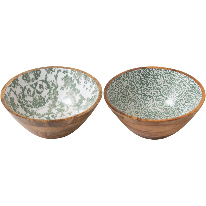 Lot de 2 Grands Saladiers Campagne chic Rond 30 cm Bois de manguier Vert Blanc Naturel Verdeno J-Line - 1