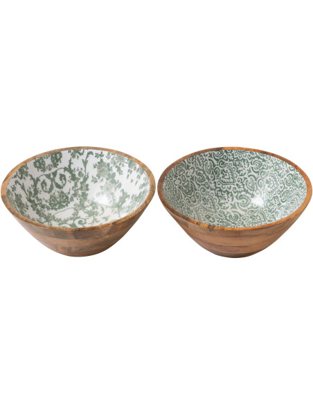 Lot de 2 Grands Saladiers Campagne chic Rond 30 cm Bois de manguier Vert Blanc Naturel Verdeno J-Line - 1