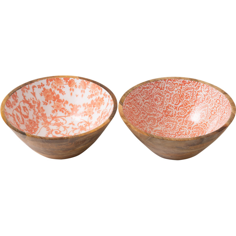 Lot de 2 Grands Saladiers Campagne chic Rond 30 cm Bois de manguier Orange Blanc Naturel Verdeno 