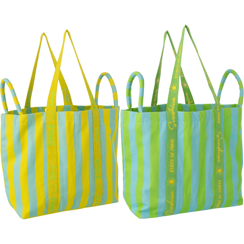 Lot de 2 Grands Sacs de plage style riviera italienne Coton Jaune Verte Turquoise Motif rayures La Spiaggia 