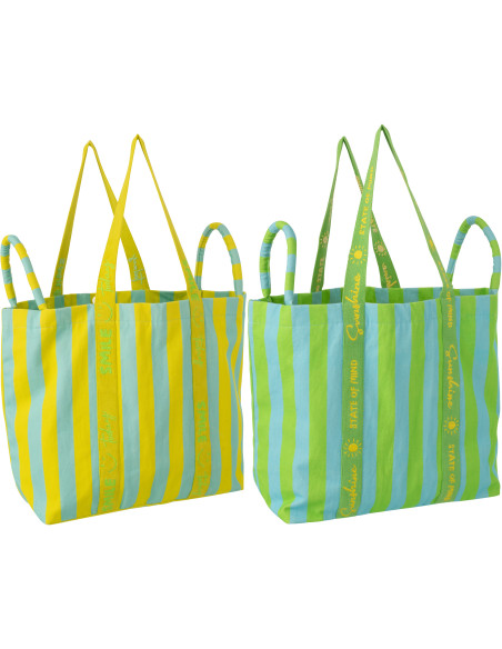 Lot de 2 Grands Sacs de plage style riviera italienne Coton Jaune Verte Turquoise Motif rayures La Spiaggia 