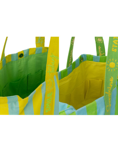 Lot de 2 Grands Sacs de plage style riviera italienne Coton Jaune Verte Turquoise Motif rayures La Spiaggia 