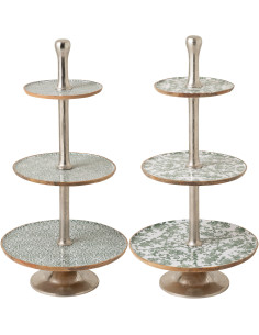Lot de 2 Grands Plateaux Présentoirs 3 niveaux Campagne chic Rond 50 cm Bois de manguier Vert Blanc Naturel Métal Argenté Verden