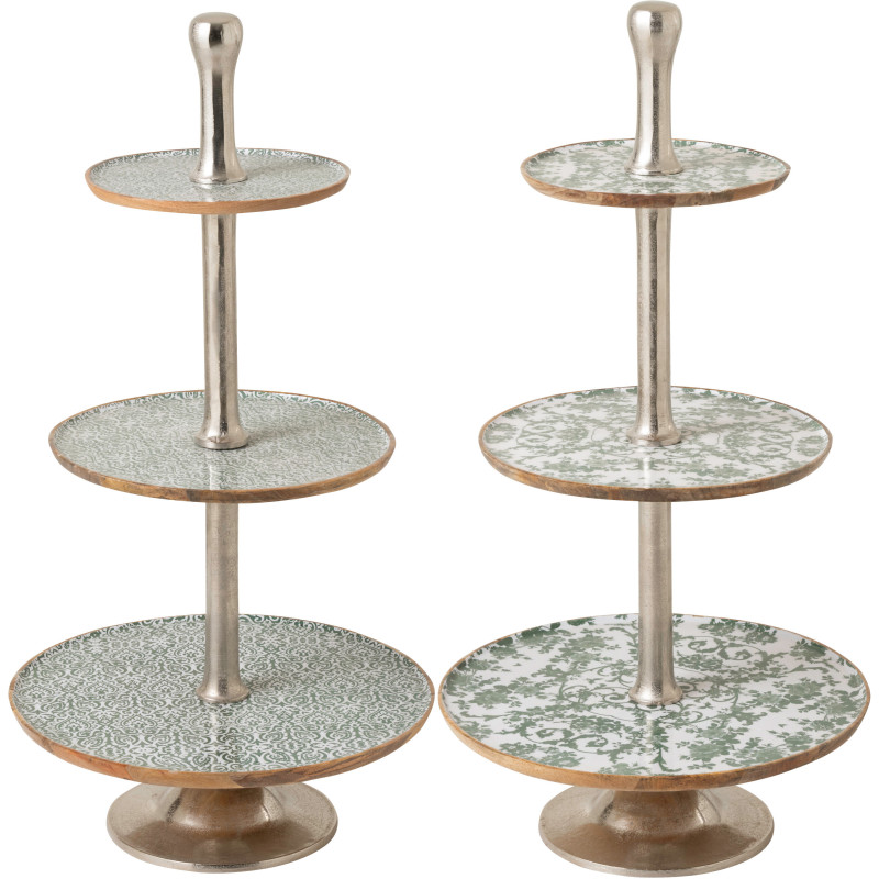 Lot de 2 Grands Plateaux Présentoirs 3 niveaux Campagne chic Rond 50 cm Bois de manguier Vert Blanc Naturel Métal Argenté Verden
