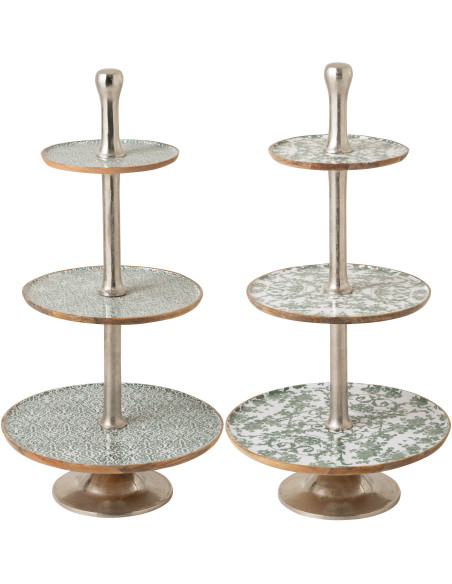 Lot de 2 Grands Plateaux Présentoirs 3 niveaux Campagne chic Rond 50 cm Bois de manguier Vert Blanc Naturel Métal Argenté Verden