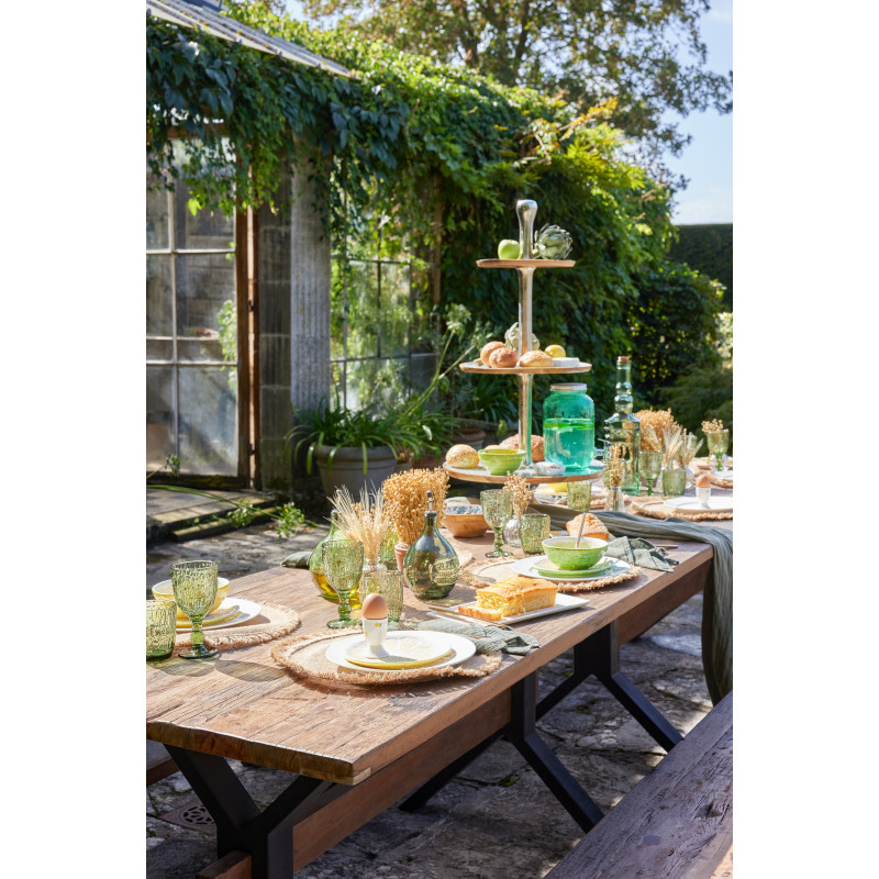 Lot de 2 Grands Plateaux Présentoirs 3 niveaux Campagne chic Rond 50 cm Bois de manguier Vert Blanc Naturel Métal Argenté Verden