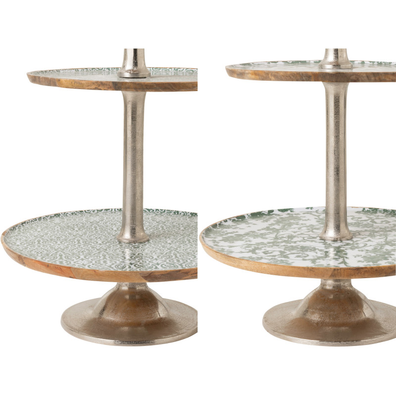 Lot de 2 Grands Plateaux Présentoirs 3 niveaux Campagne chic Rond 50 cm Bois de manguier Vert Blanc Naturel Métal Argenté Verden