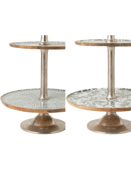Lot de 2 Grands Plateaux Présentoirs 3 niveaux Campagne chic Rond 50 cm Bois de manguier Vert Blanc Naturel Métal Argenté Verden