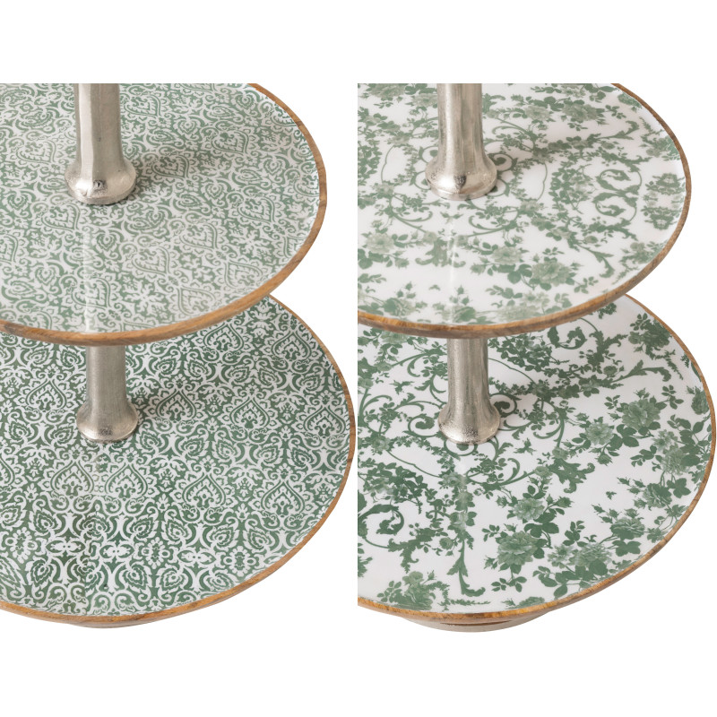 Lot de 2 Grands Plateaux Présentoirs 3 niveaux Campagne chic Rond 50 cm Bois de manguier Vert Blanc Naturel Métal Argenté Verden