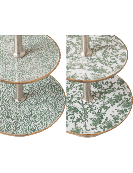 Lot de 2 Grands Plateaux Présentoirs 3 niveaux Campagne chic Rond 50 cm Bois de manguier Vert Blanc Naturel Métal Argenté Verden