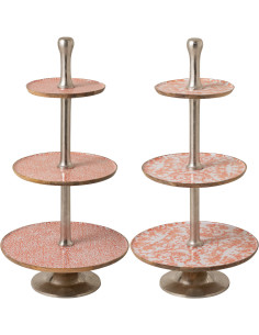 Lot de 2 Grands Plateaux Présentoirs 3 niveaux Campagne chic Rond 50 cm Bois de manguier Orange Blanc Naturel Métal Argenté Verd