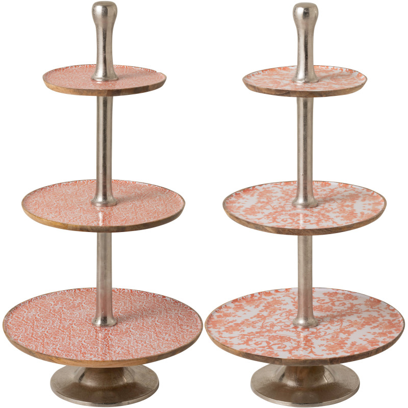 Lot de 2 Grands Plateaux Présentoirs 3 niveaux Campagne chic Rond 50 cm Bois de manguier Orange Blanc Naturel Métal Argenté Verd