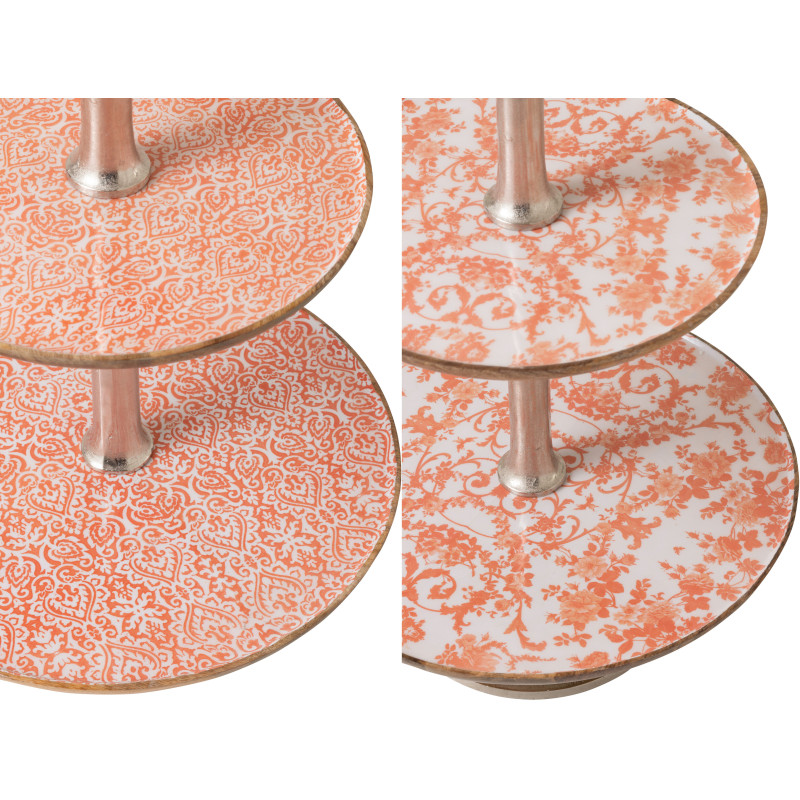 Lot de 2 Grands Plateaux Présentoirs 3 niveaux Campagne chic Rond 50 cm Bois de manguier Orange Blanc Naturel Métal Argenté Verd