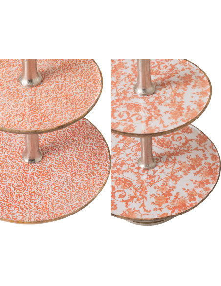 Lot de 2 Grands Plateaux Présentoirs 3 niveaux Campagne chic Rond 50 cm Bois de manguier Orange Blanc Naturel Métal Argenté Verd