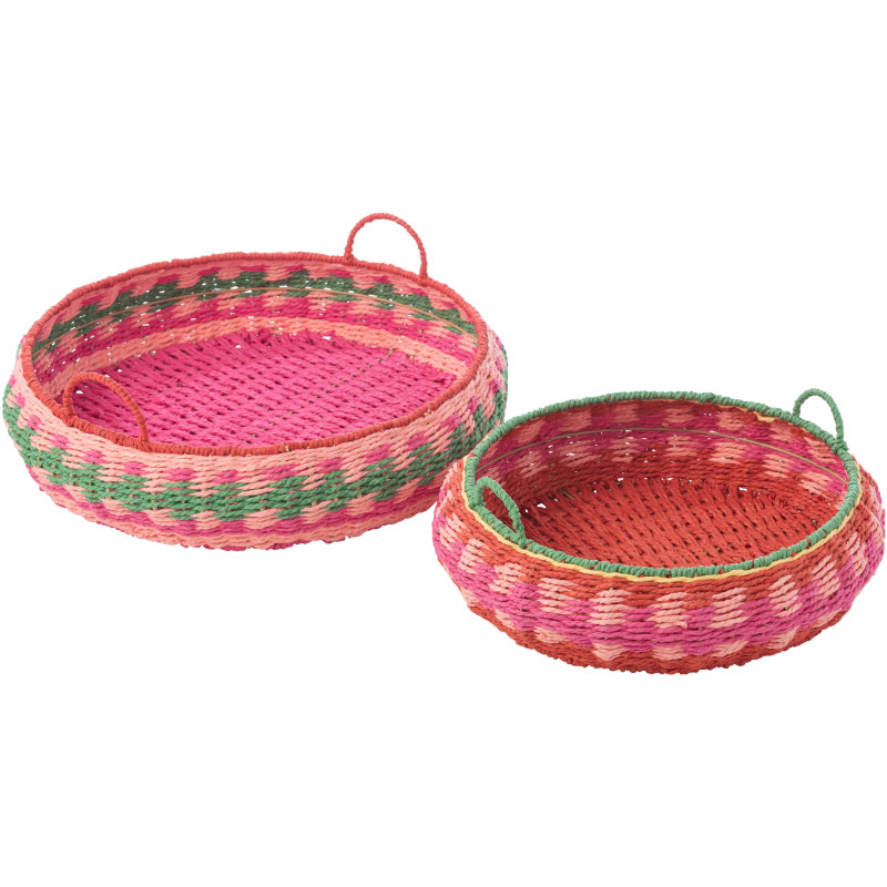 Lot de 2 Grands Plateaux déco bohème tropical Rond Papier Rose fuchsia Tressé Métal Palmarosa 