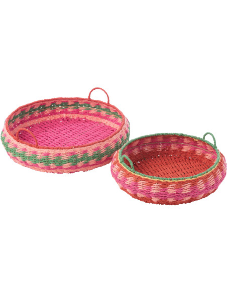 Lot de 2 Grands Plateaux déco bohème tropical Rond Papier Rose fuchsia Tressé Métal Palmarosa 