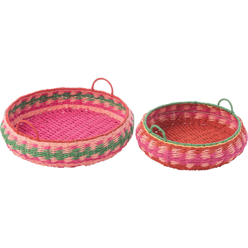 Lot de 2 Grands Plateaux déco bohème tropical Rond Papier Rose fuchsia Tressé Métal Palmarosa 