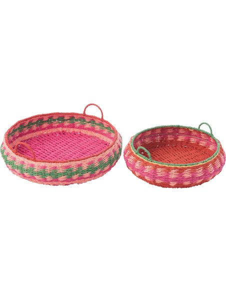 Lot de 2 Grands Plateaux déco bohème tropical Rond Papier Rose fuchsia Tressé Métal Palmarosa 
