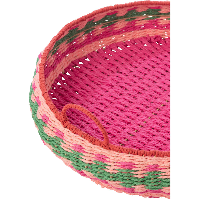 Lot de 2 Grands Plateaux déco bohème tropical Rond Papier Rose fuchsia Tressé Métal Palmarosa 