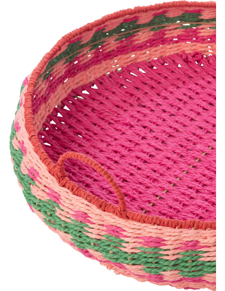 Lot de 2 Grands Plateaux déco bohème tropical Rond Papier Rose fuchsia Tressé Métal Palmarosa 