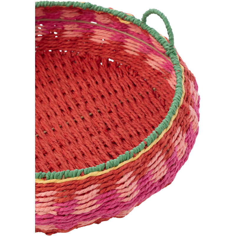 Lot de 2 Grands Plateaux déco bohème tropical Rond Papier Rose fuchsia Tressé Métal Palmarosa 