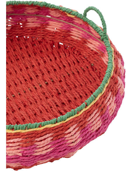 Lot de 2 Grands Plateaux déco bohème tropical Rond Papier Rose fuchsia Tressé Métal Palmarosa 