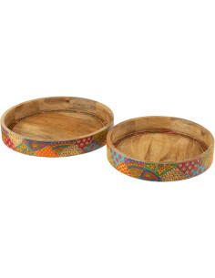 Lot de 2 Grands Plateaux de service indiens Rond Bois de manguier Naturel Motif multicolore Delhi 