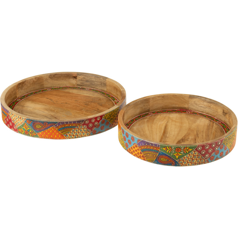 Lot de 2 Grands Plateaux de service indiens Rond Bois de manguier Naturel Motif multicolore Delhi 