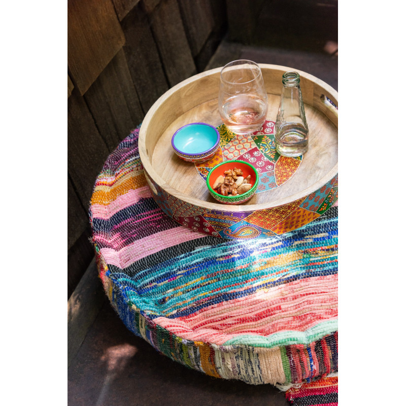 Lot de 2 Grands Plateaux de service indiens Rond Bois de manguier Naturel Motif multicolore Delhi 