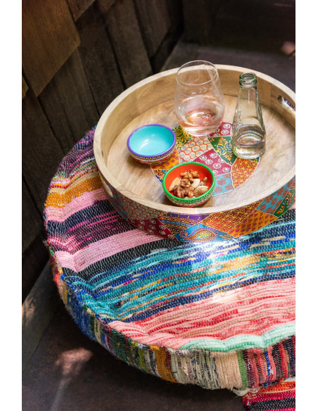 Lot de 2 Grands Plateaux de service indiens Rond Bois de manguier Naturel Motif multicolore Delhi 