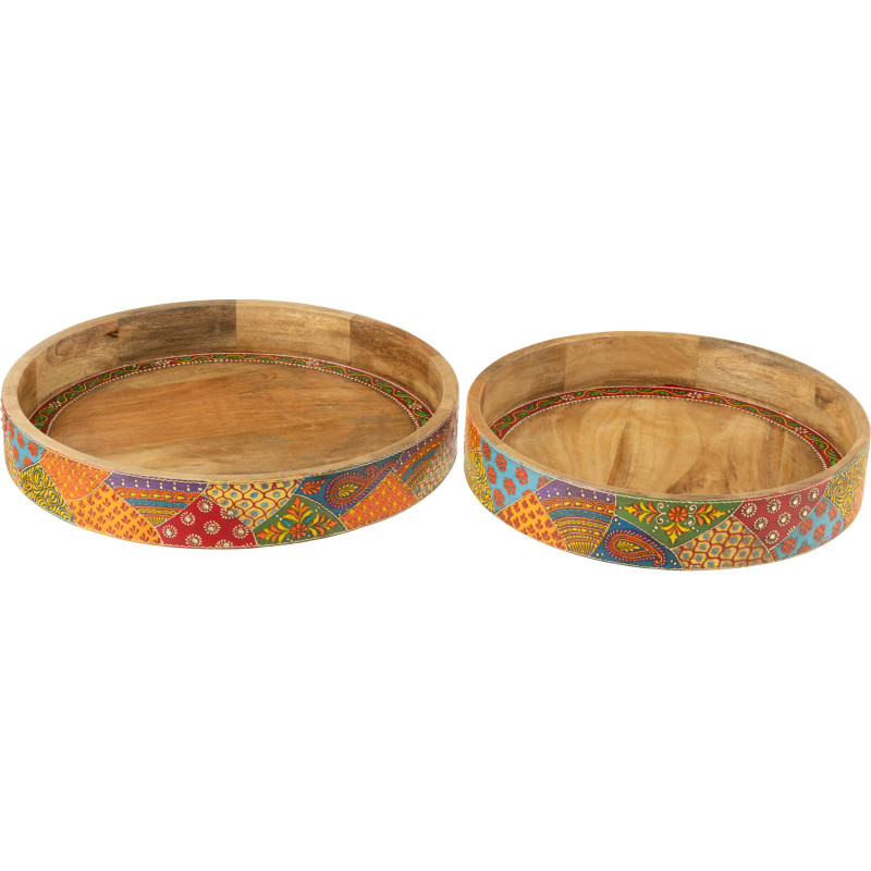 Lot de 2 Grands Plateaux de service indiens Rond Bois de manguier Naturel Motif multicolore Delhi 