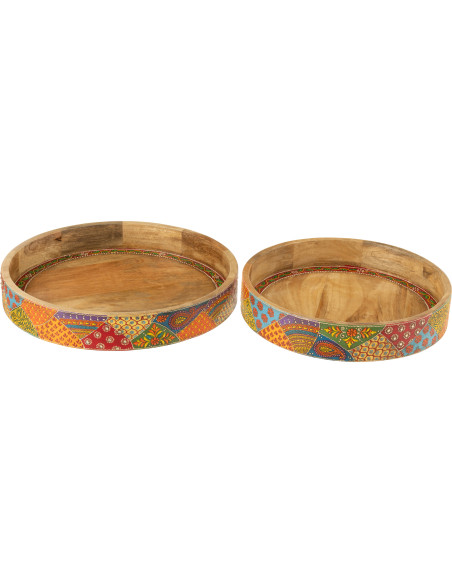 Lot de 2 Grands Plateaux de service indiens Rond Bois de manguier Naturel Motif multicolore Delhi 