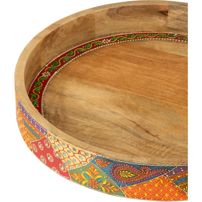Lot de 2 Grands Plateaux de service indiens Rond Bois de manguier Naturel Motif multicolore Delhi 