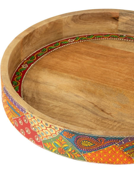 Lot de 2 Grands Plateaux de service indiens Rond Bois de manguier Naturel Motif multicolore Delhi 