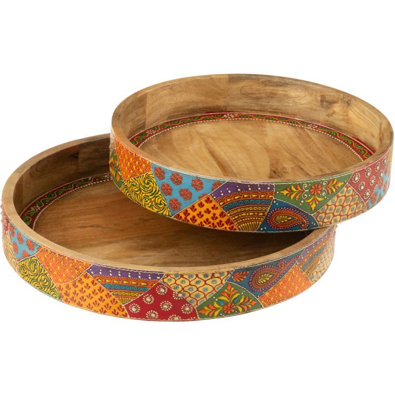 Lot de 2 Grands Plateaux de service indiens Rond Bois de manguier Naturel Motif multicolore Delhi 