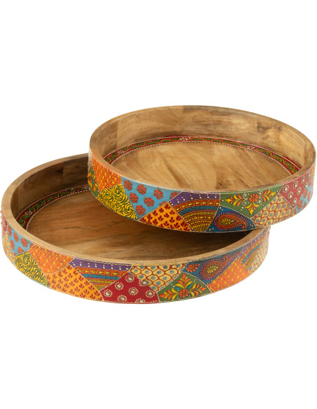 Lot de 2 Grands Plateaux de service indiens Rond Bois de manguier Naturel Motif multicolore Delhi 