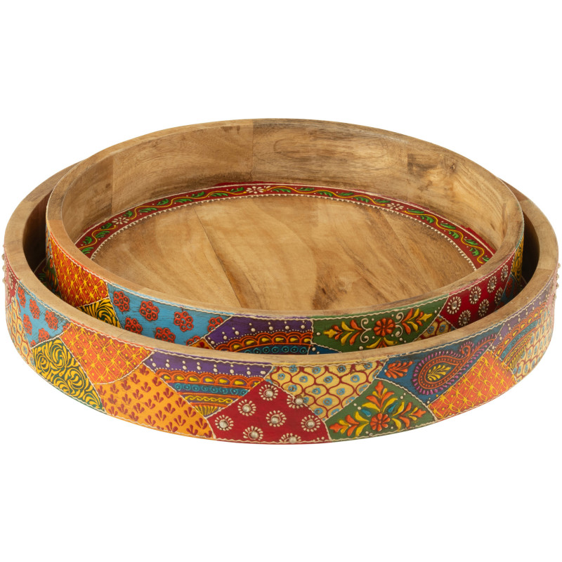 Lot de 2 Grands Plateaux de service indiens Rond Bois de manguier Naturel Motif multicolore Delhi 