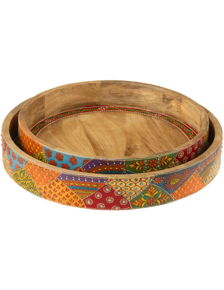 Lot de 2 Grands Plateaux de service indiens Rond Bois de manguier Naturel Motif multicolore Delhi 
