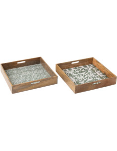 Lot de 2 Grands Plateaux Campagne chic Carré 50 cm Bois de manguier Vert Blanc Naturel Verdeno 