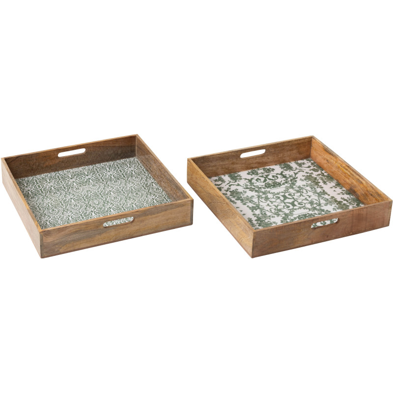 Lot de 2 Grands Plateaux Campagne chic Carré 50 cm Bois de manguier Vert Blanc Naturel Verdeno 