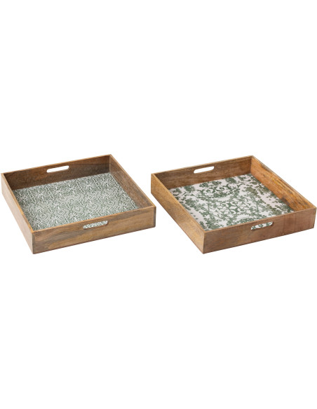 Lot de 2 Grands Plateaux Campagne chic Carré 50 cm Bois de manguier Vert Blanc Naturel Verdeno 