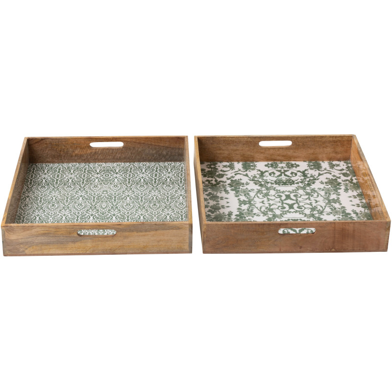 Lot de 2 Grands Plateaux Campagne chic Carré 50 cm Bois de manguier Vert Blanc Naturel Verdeno 