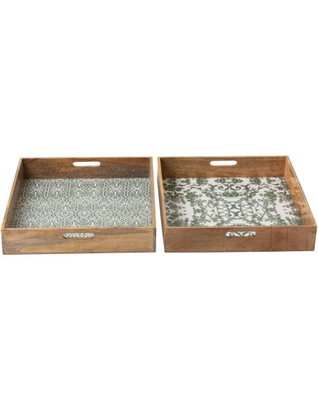 Lot de 2 Grands Plateaux Campagne chic Carré 50 cm Bois de manguier Vert Blanc Naturel Verdeno 