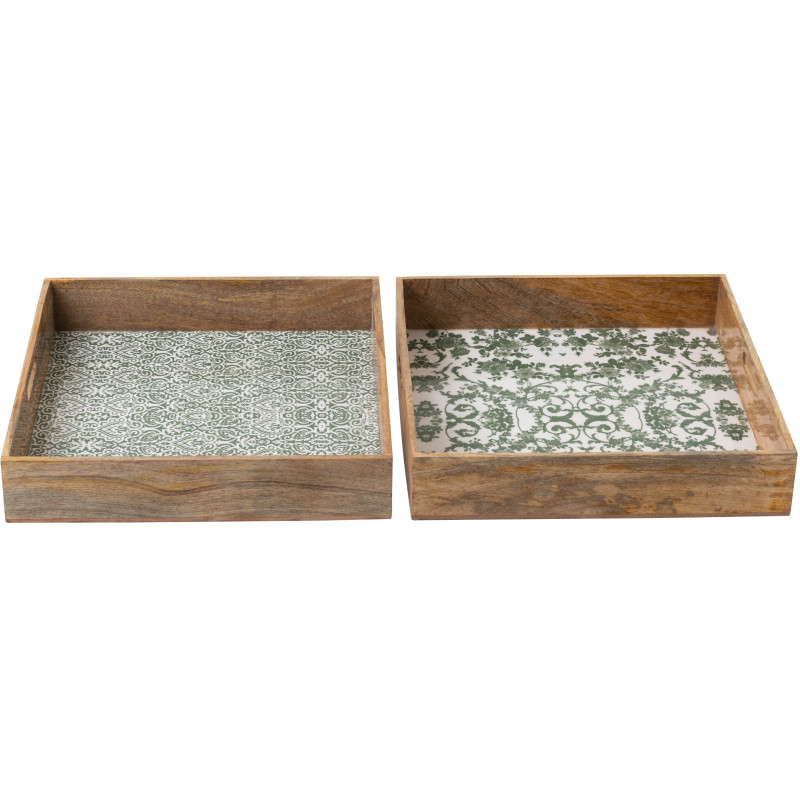 Lot de 2 Grands Plateaux Campagne chic Carré 50 cm Bois de manguier Vert Blanc Naturel Verdeno 