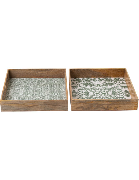 Lot de 2 Grands Plateaux Campagne chic Carré 50 cm Bois de manguier Vert Blanc Naturel Verdeno 